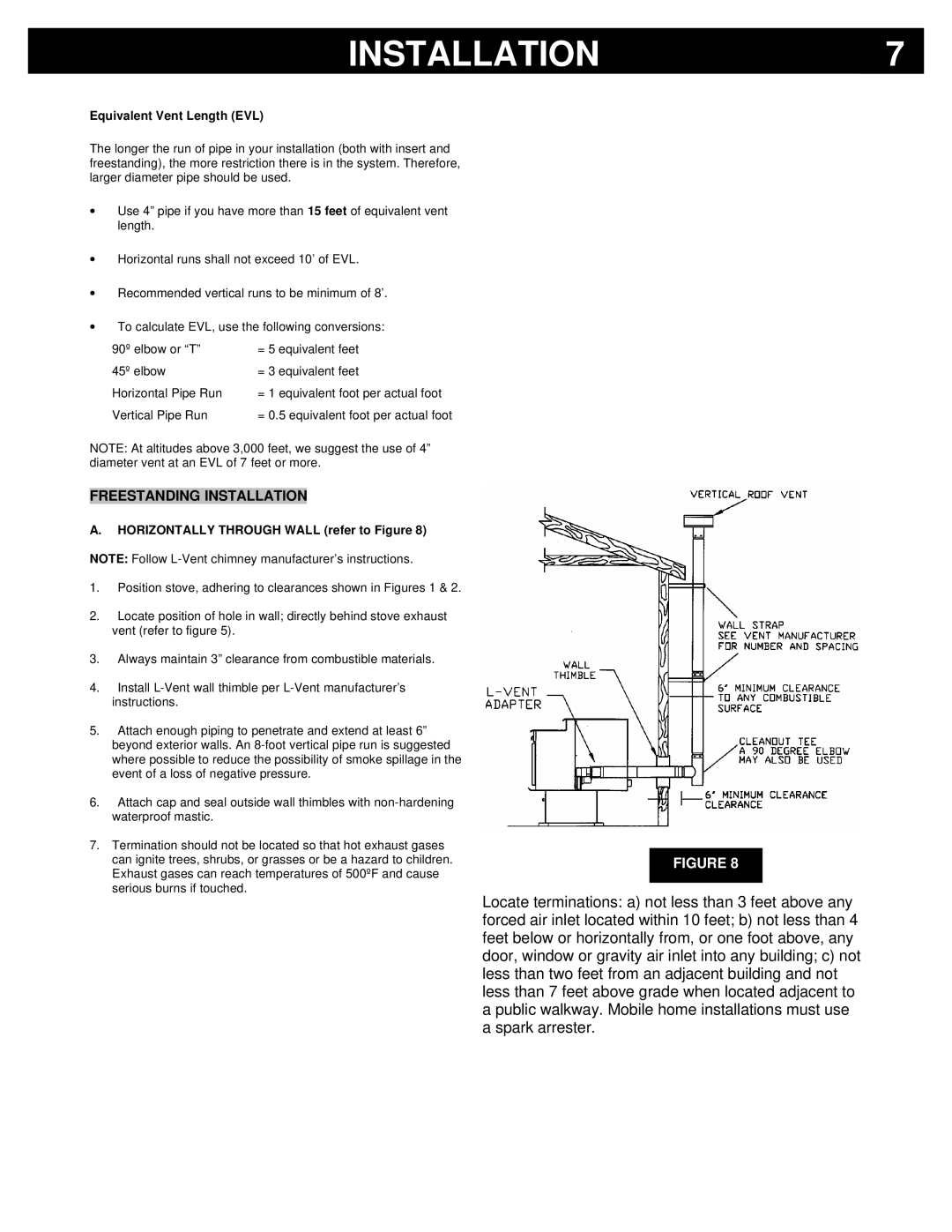 Breckwell P24FS, P24I owner manual Freestanding Installation, Equivalent Vent Length EVL 