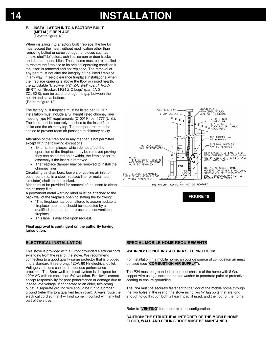 Breckwell P24I, P24FS owner manual Electrical Installation, Special Mobile Home Requirements 