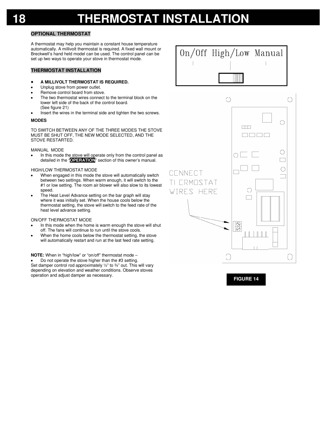 Breckwell P24I, P24FS owner manual Thermostat Installation, Optional Thermostat, Millivolt Thermostat is Required, Modes 