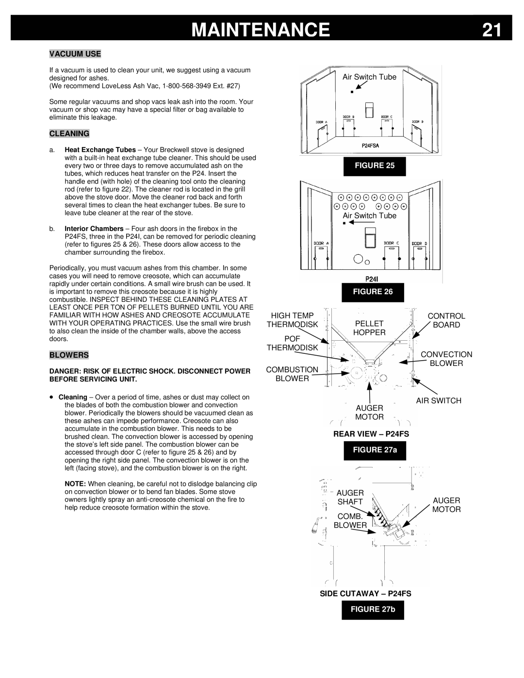 Breckwell P24I owner manual Vacuum USE, Cleaning, Blowers, Rear View P24FS, Side Cutaway P24FS 