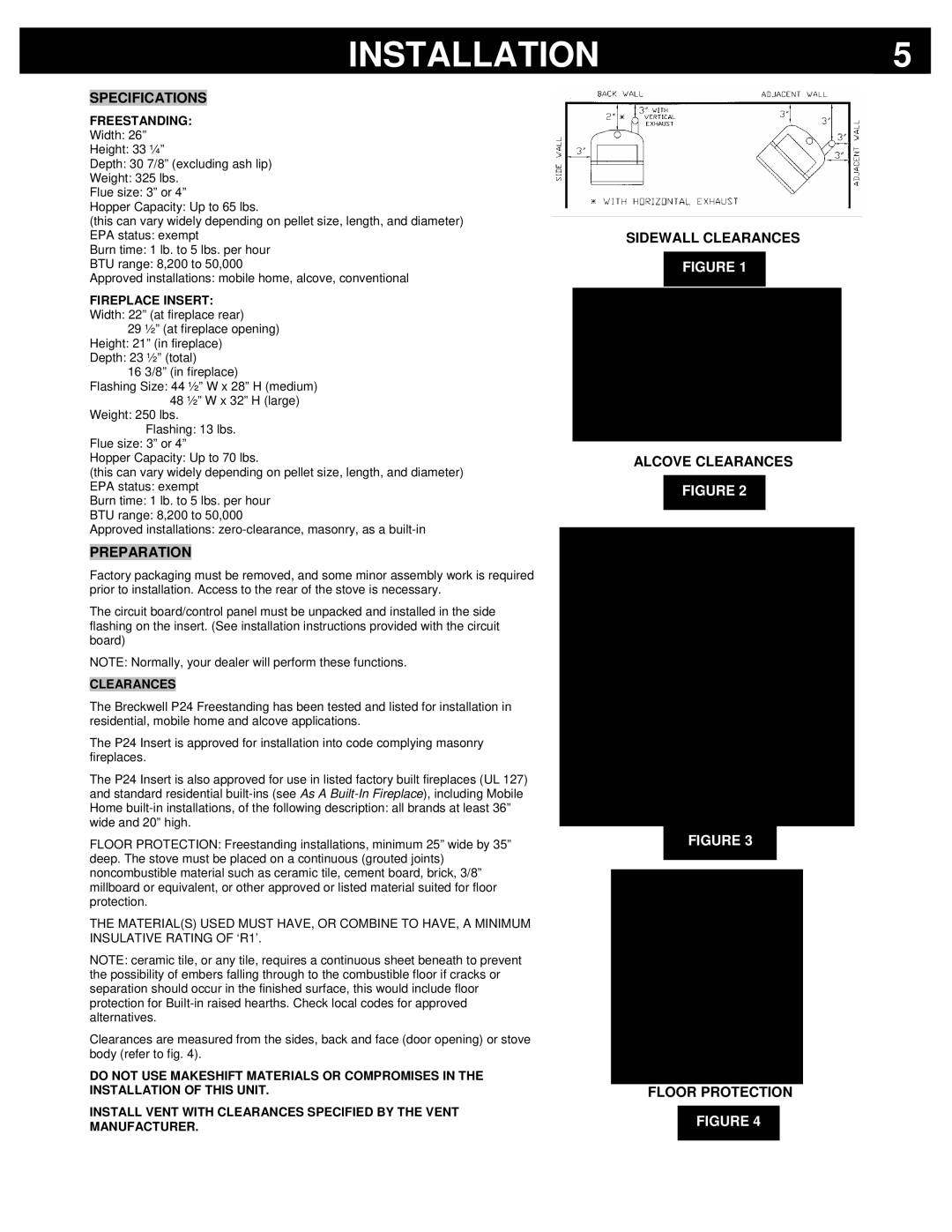 Breckwell P24FS, P24I owner manual Installation, Specifications, Preparation, Clearances 