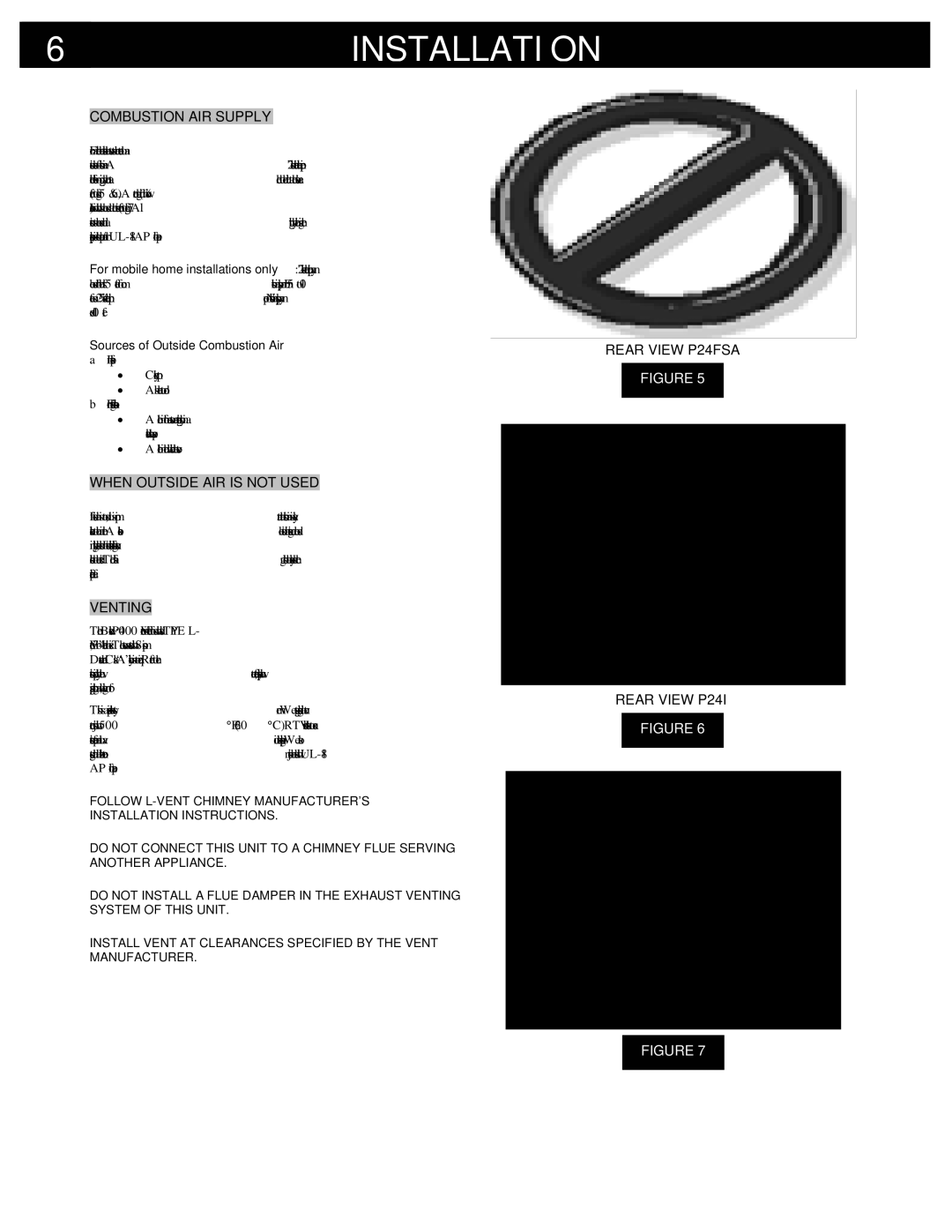 Breckwell owner manual Combustion AIR Supply, When Outside AIR is not Used, Venting, Rear View P24FSA Rear View P24I 