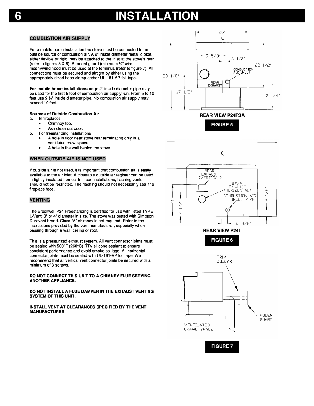 Breckwell P24I Installation, Combustion Air Supply, When Outside Air Is Not Used, Venting, REAR VIEW P24FSA, Figure Figure 