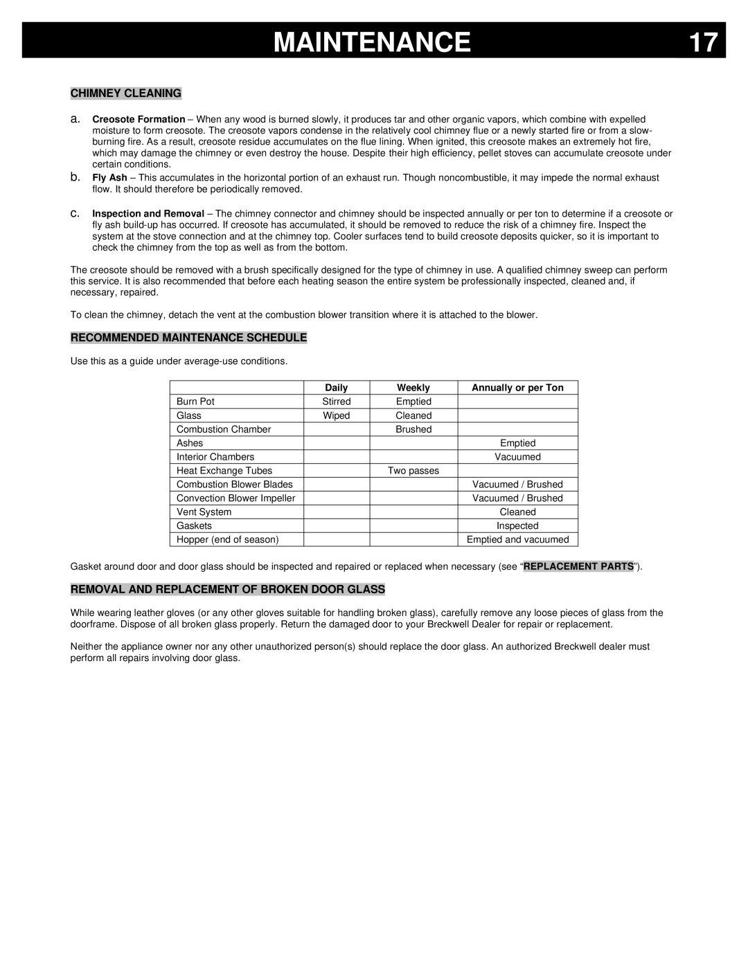Breckwell P2700 Chimney Cleaning, Recommended Maintenance Schedule, Removal and Replacement of Broken Door Glass 