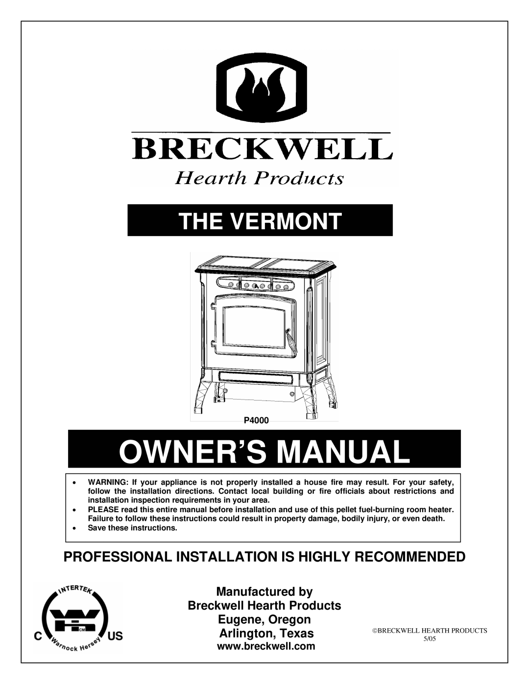 Breckwell P4000 owner manual Vermont 