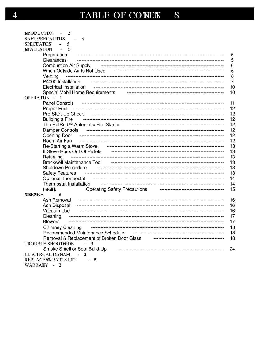 Breckwell P4000 owner manual Table of Contents 