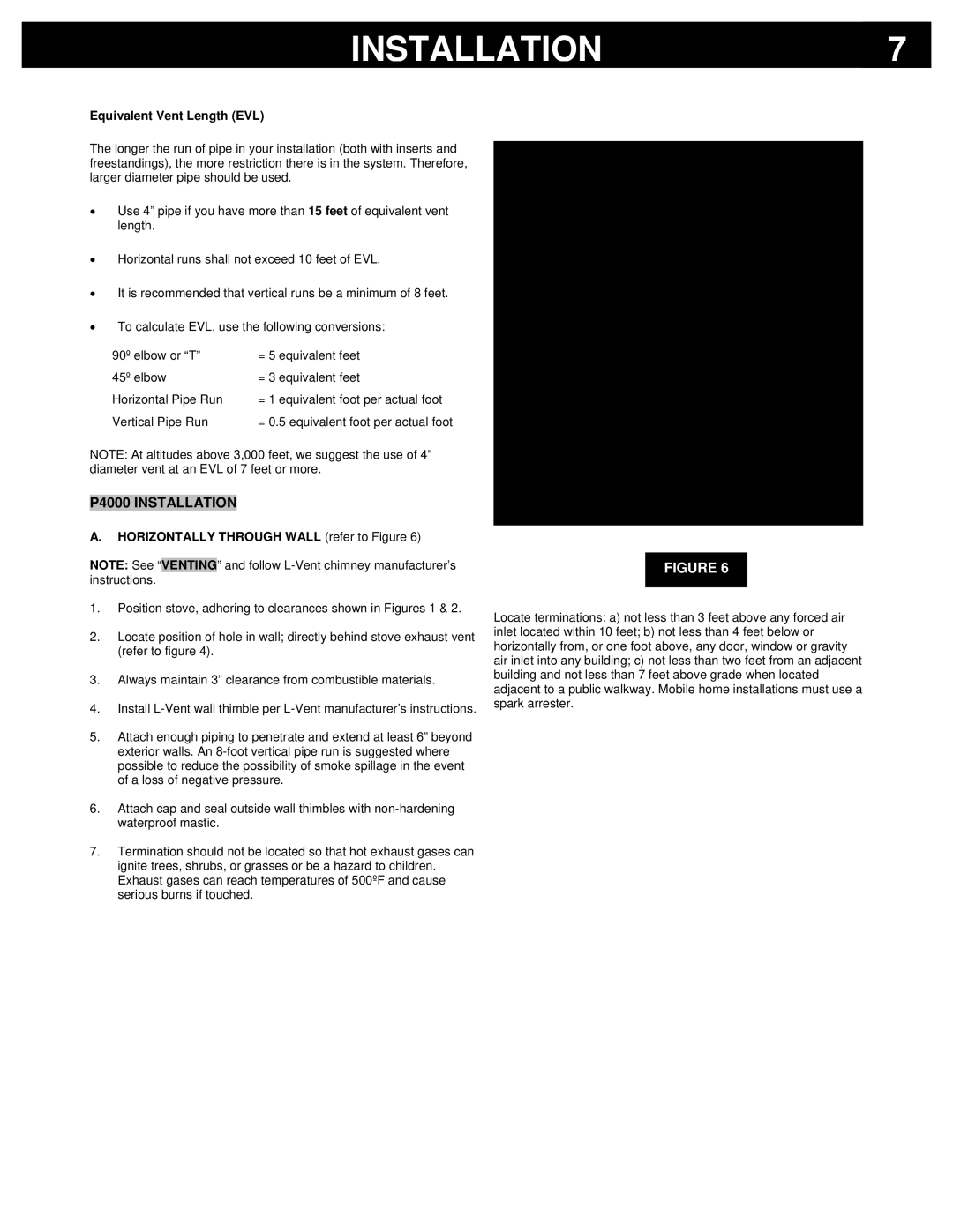 Breckwell owner manual P4000 Installation, Equivalent Vent Length EVL, Horizontally Through Wall refer to Figure 