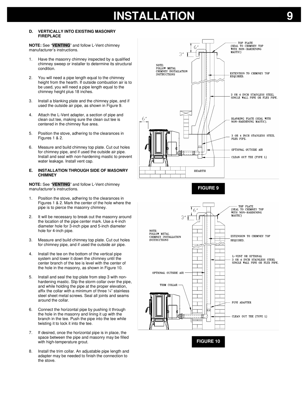 Breckwell P4000 owner manual Vertically Into Existing Masonry Fireplace, Installation Through Side of Masonry Chimney 