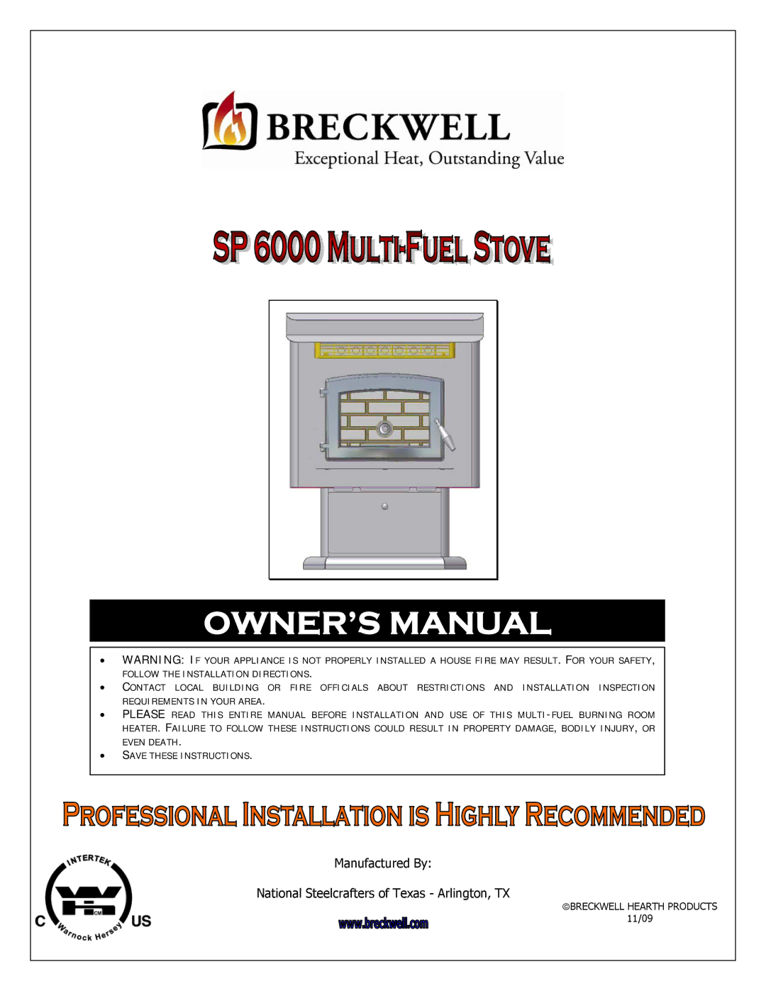 Breckwell SP 6000 owner manual Breckwell Hearth Products 