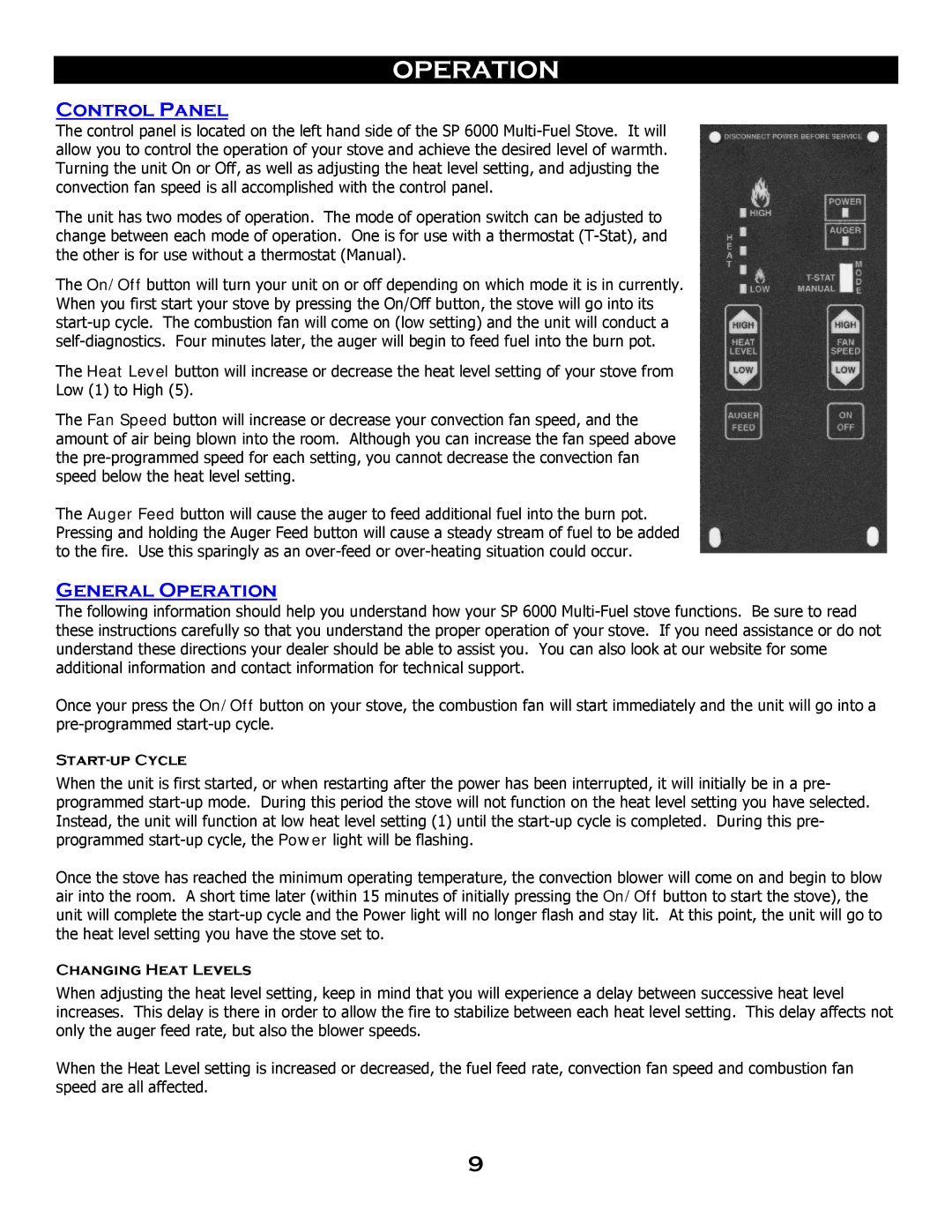 Breckwell SP 6000 owner manual Control Panel, General Operation, Start-up Cycle, Changing Heat Levels 