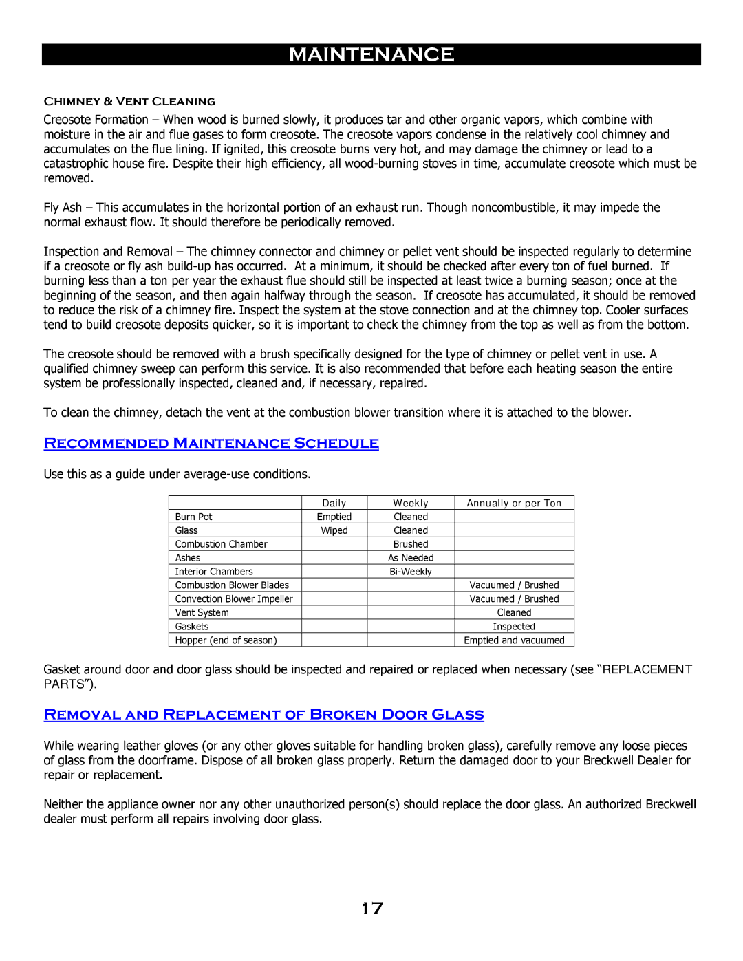 Breckwell SP 6000 Recommended Maintenance Schedule, Removal and Replacement of Broken Door Glass, Chimney & Vent Cleaning 