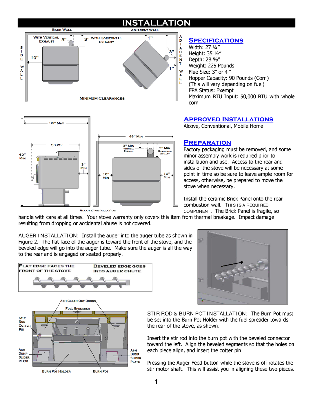 Breckwell SP 6000 owner manual Specifications, Approved Installations, Preparation 