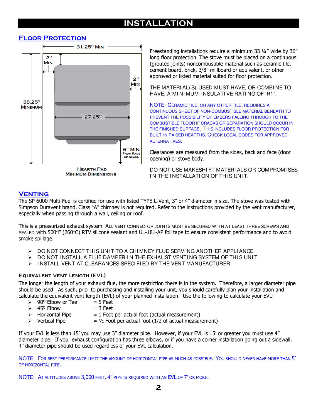 Breckwell SP 6000 owner manual Floor Protection, Venting, Equivalent Vent Length EVL 