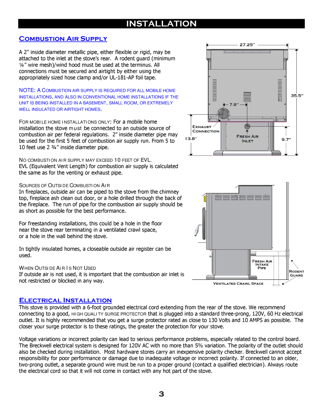 Breckwell SP 6000 owner manual Combustion Air Supply, Electrical Installation 