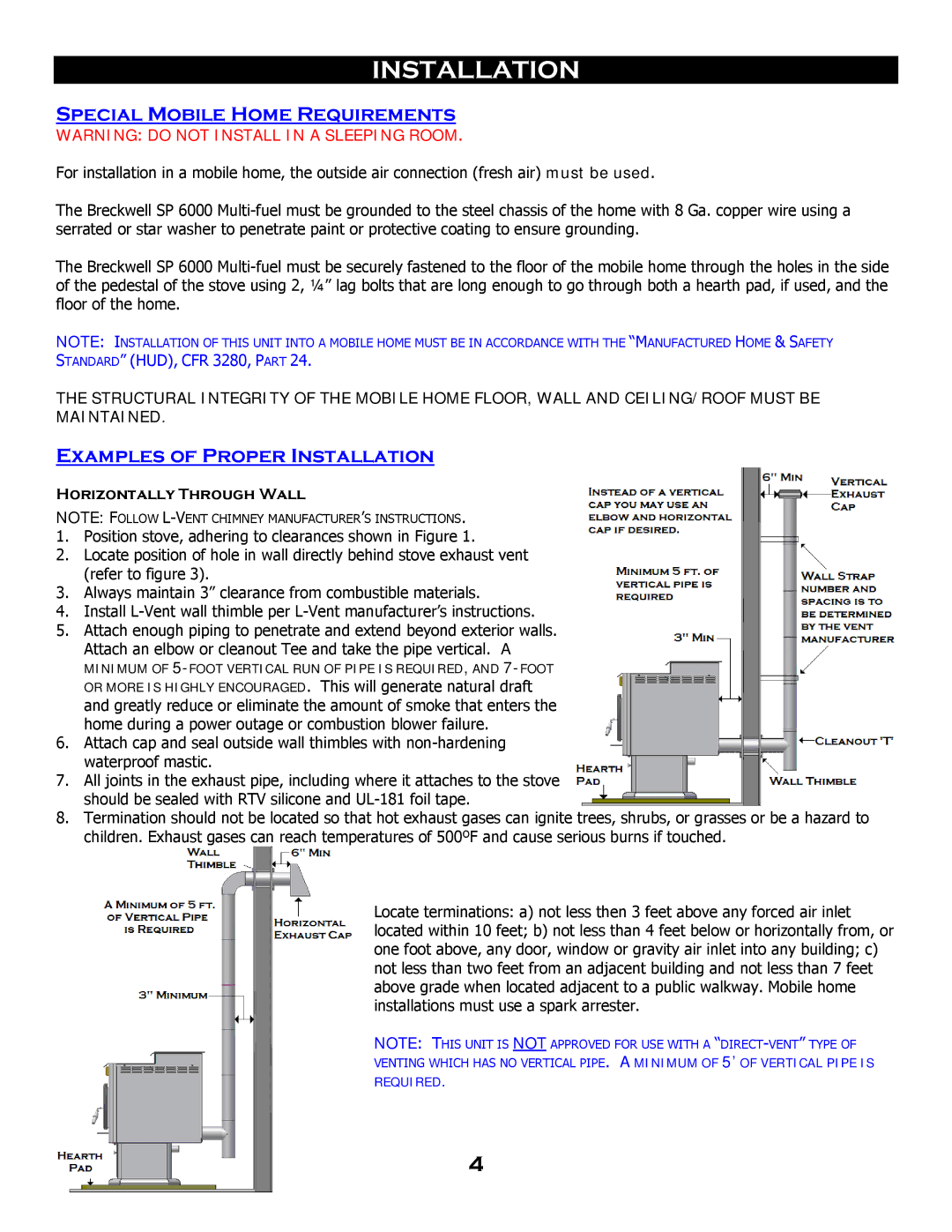 Breckwell SP 6000 owner manual Special Mobile Home Requirements, Examples of Proper Installation, Horizontally Through Wall 