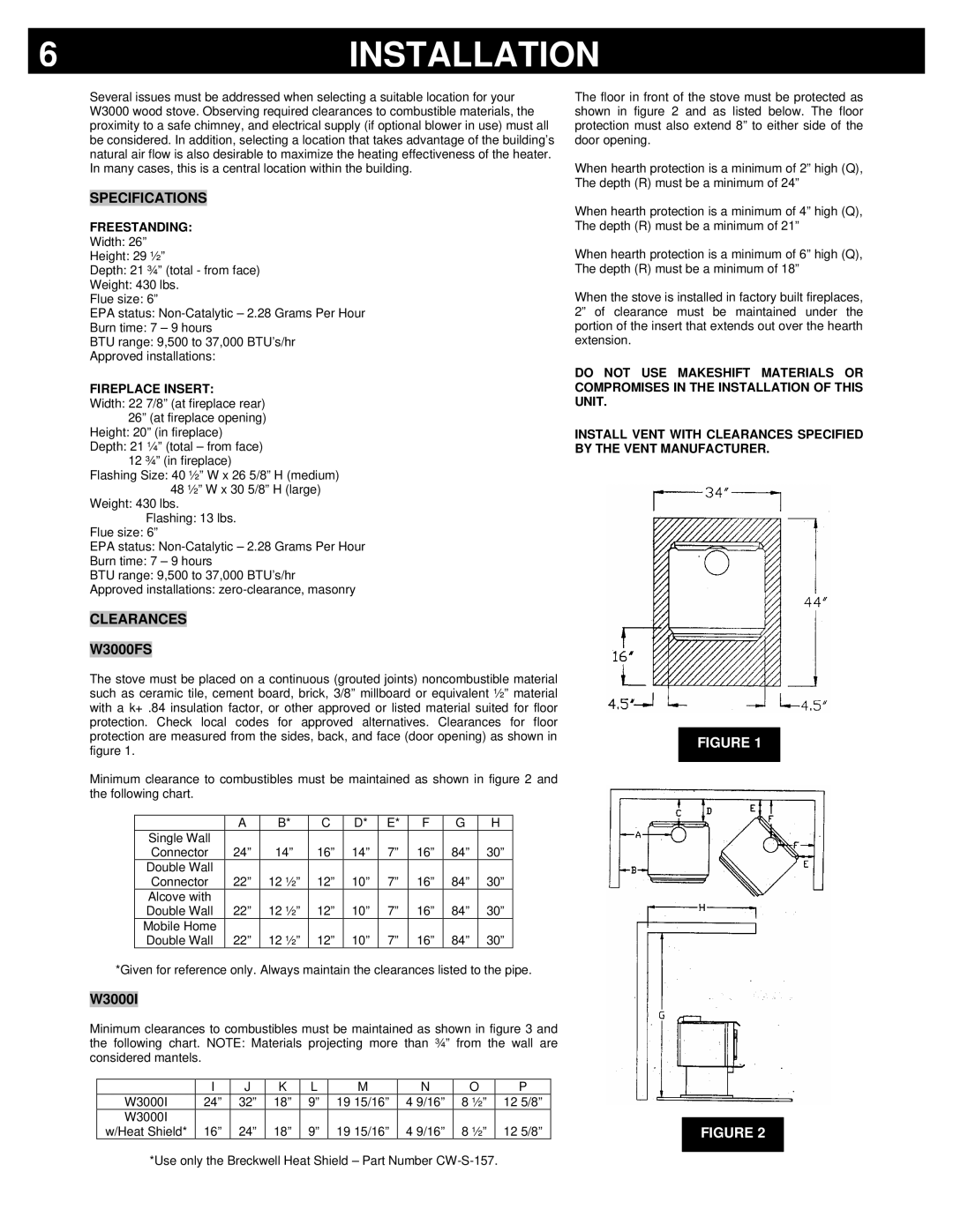 Breckwell W3000 owner manual Installation, Specifications, Clearances 