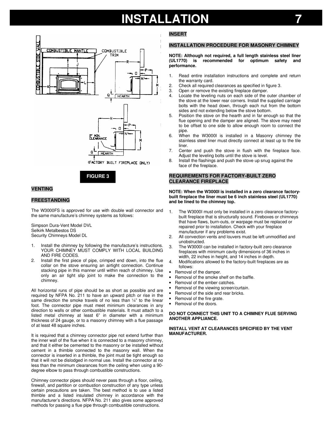 Breckwell W3000 owner manual Venting Freestanding, Insert Installation Procedure for Masonry Chimney 