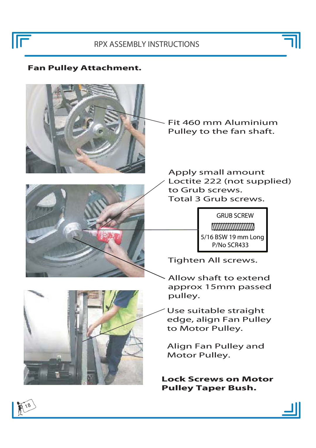 Breezaire RPX900D manual Fan Pulley Attachment, Lock Screws on Motor Pulley Taper Bush 