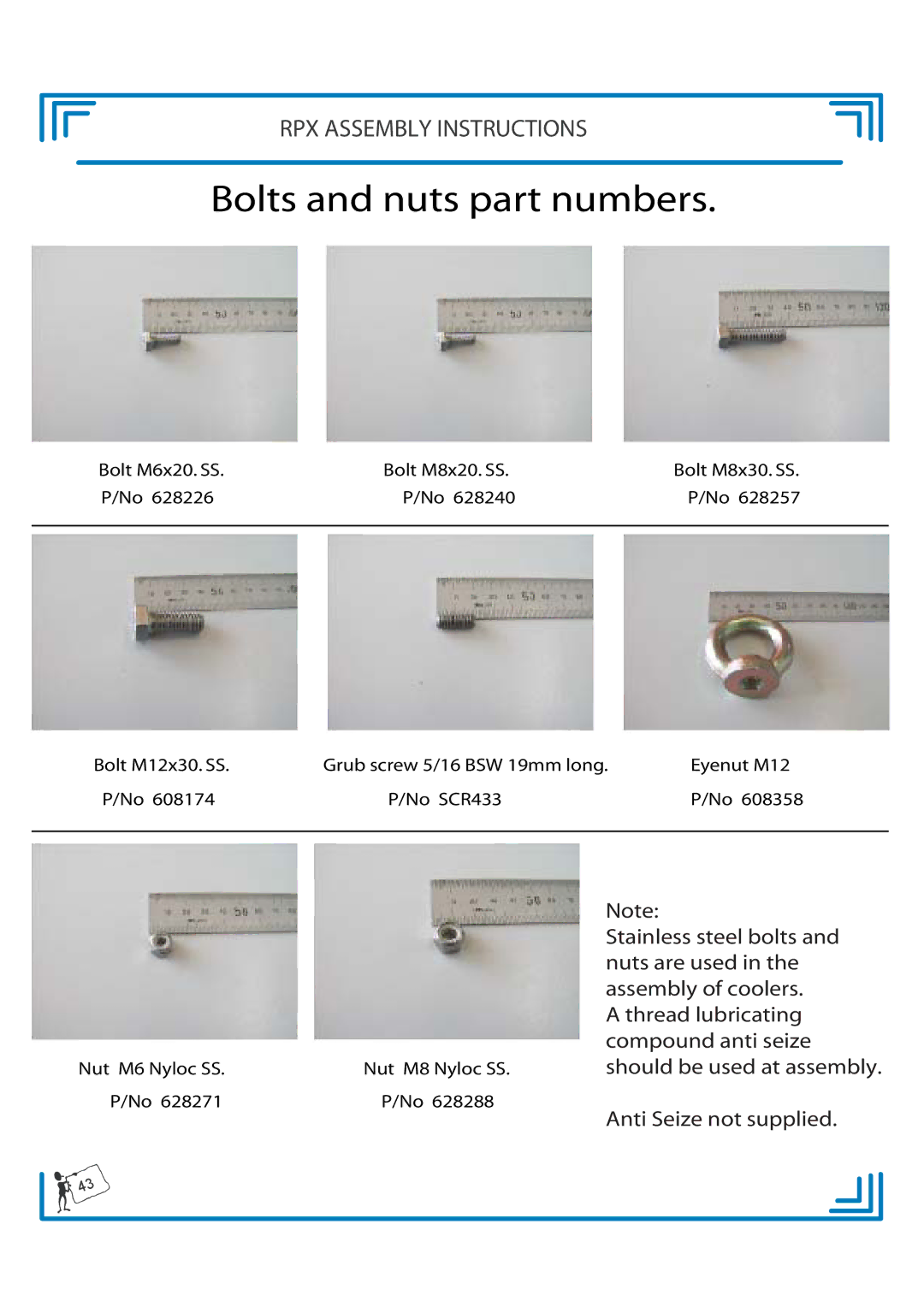 Breezaire RPX900D manual Bolts and nuts part numbers 