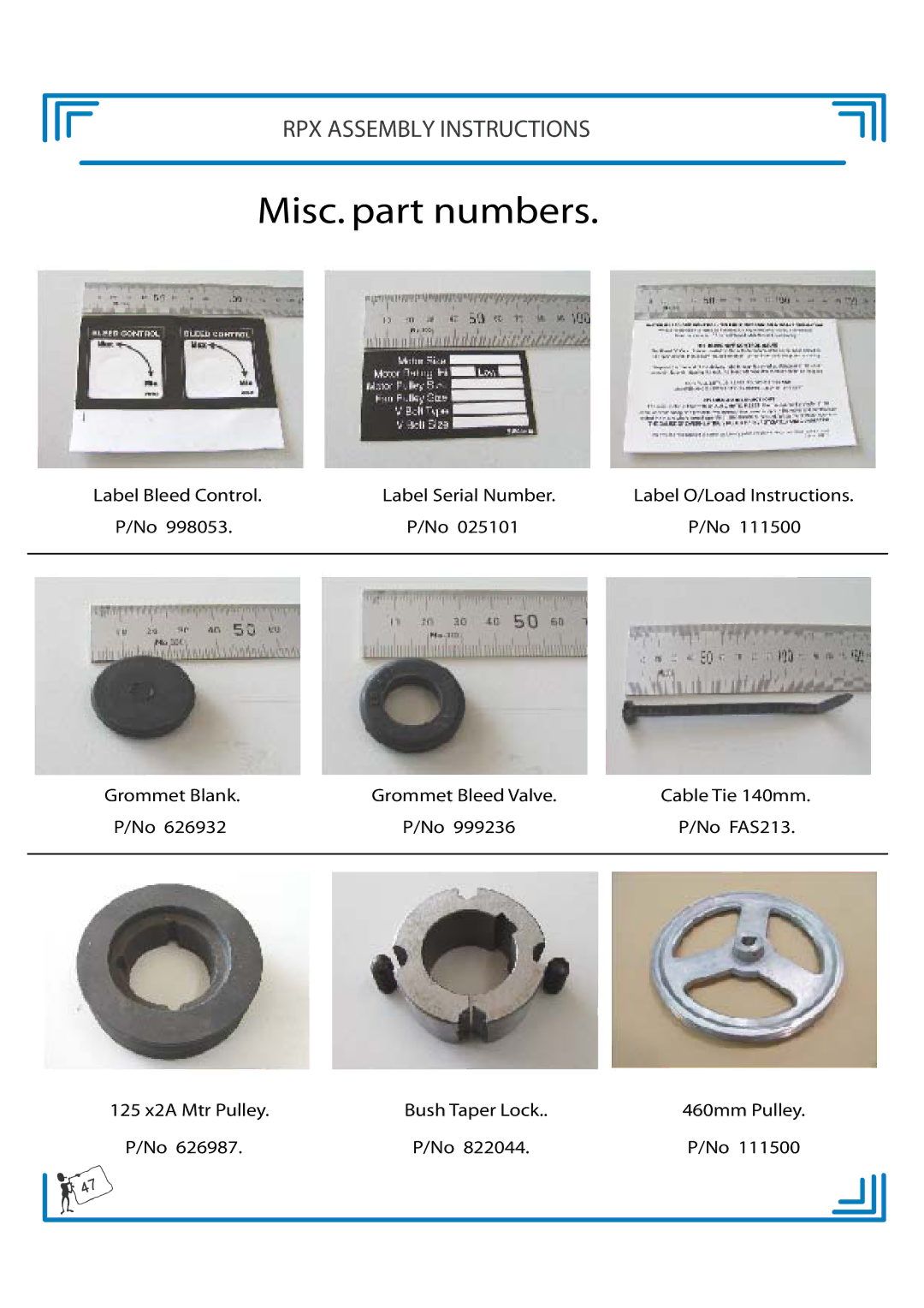 Breezaire RPX900D manual Misc. part numbers 