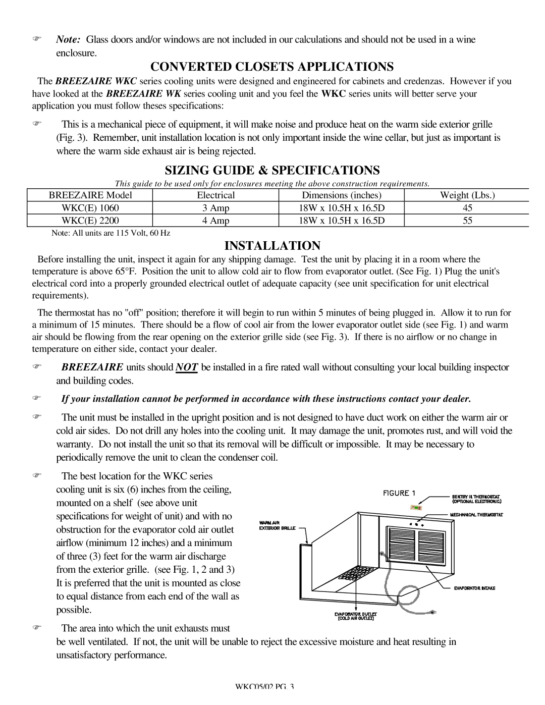 Breezaire WKC Series installation instructions Converted Closets Applications, Sizing Guide & Specifications, Installation 