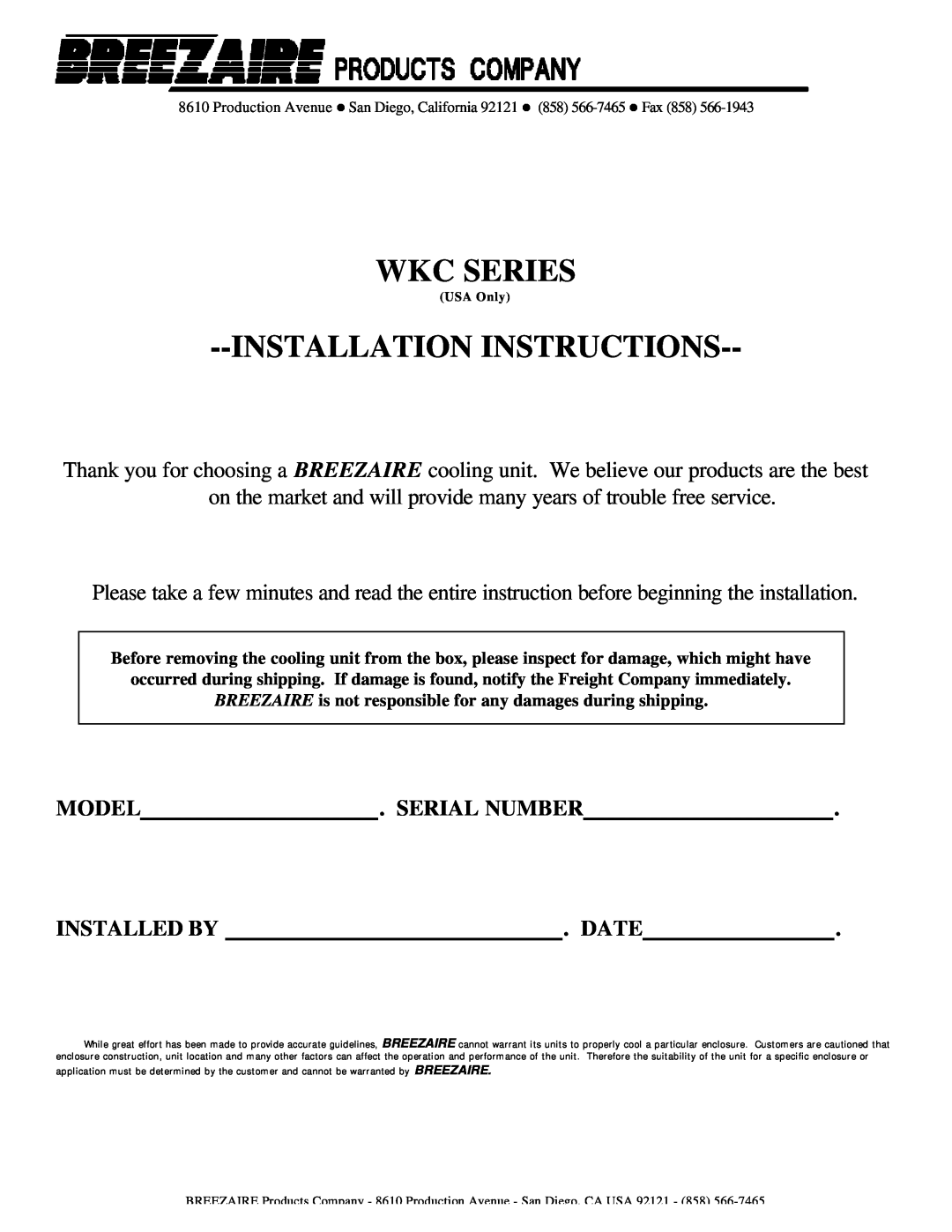 Breezaire WKC Series installation instructions Model, Serial Number, Installed By, Date, Wkc Series 