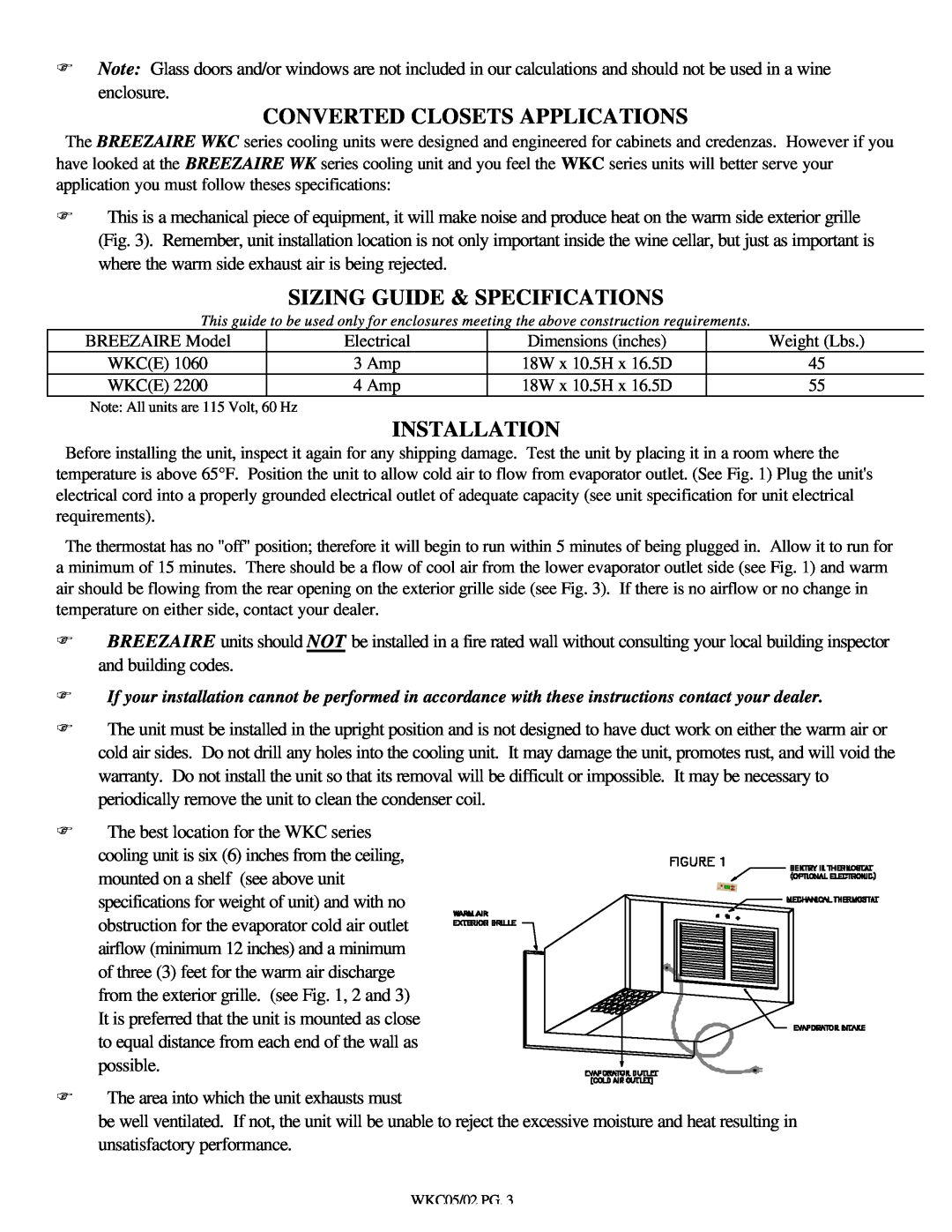 Breezaire WKC Series installation instructions Converted Closets Applications, Sizing Guide & Specifications, Installation 