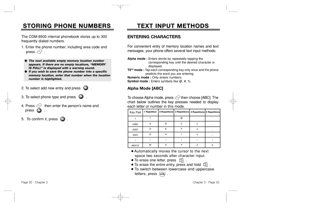 Bretford CDM-8500 owner manual Storing Phone Numbers, Text Input Methods, Entering Characters 