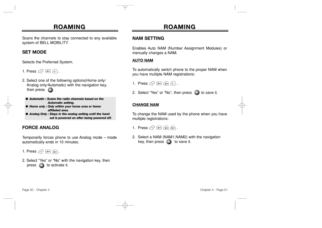 Bretford CDM-8500 owner manual Roaming, SET Mode, Force Analog, NAM Setting 