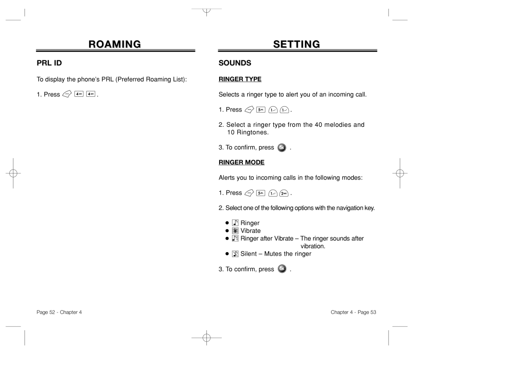 Bretford CDM-8500 owner manual Setting, Prl Id, Sounds, Ringer Type, Ringer Mode 