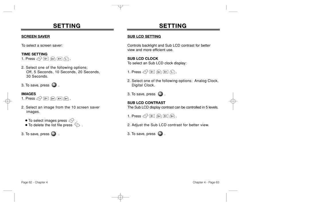 Bretford CDM-8500 owner manual Screen Saver, Time Setting, Images, SUB LCD Setting, SUB LCD Clock, SUB LCD Contrast 