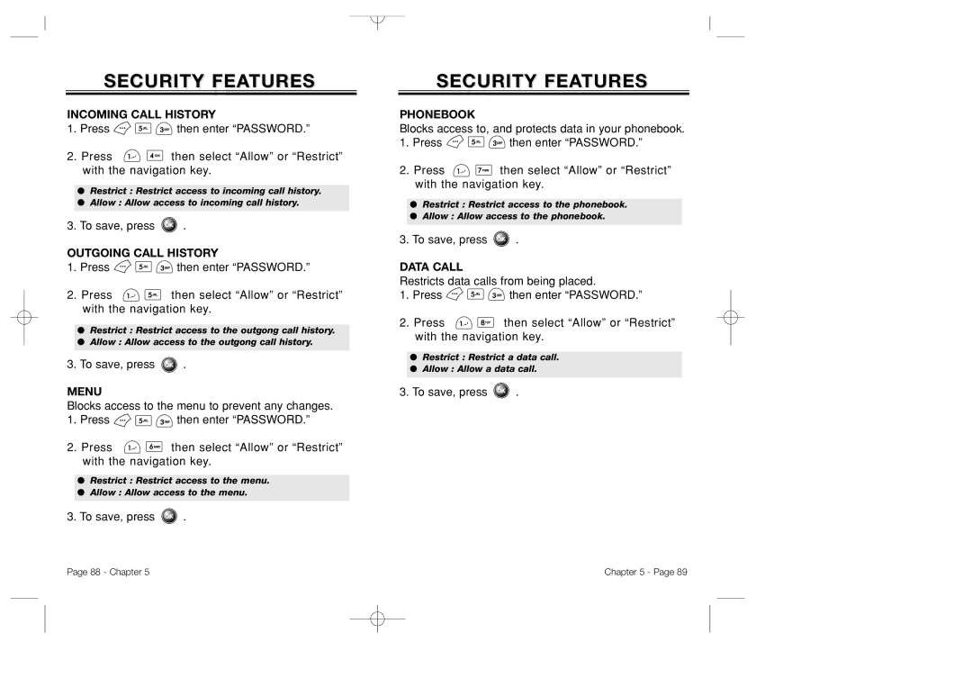 Bretford CDM-8500 owner manual Incoming Call History, Outgoing Call History, Menu, Phonebook, Data Call 