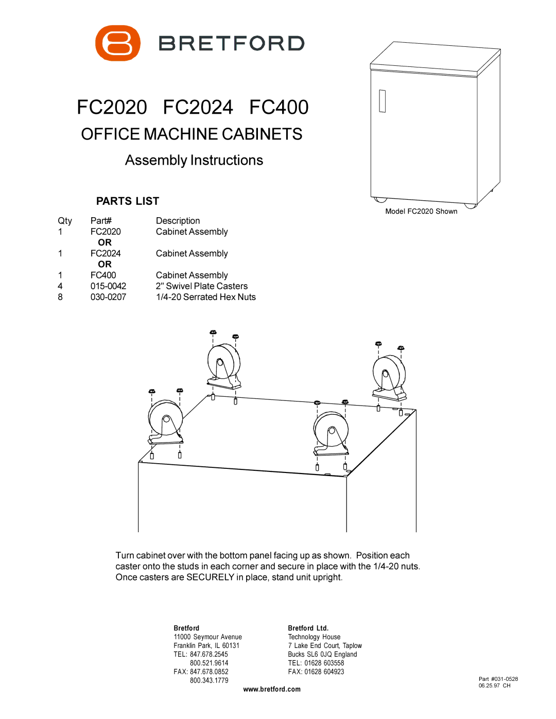 Bretford manual FC2020 FC2024 FC400, Office Machine Cabinets, Assembly Instructions, Parts List, Bretford 