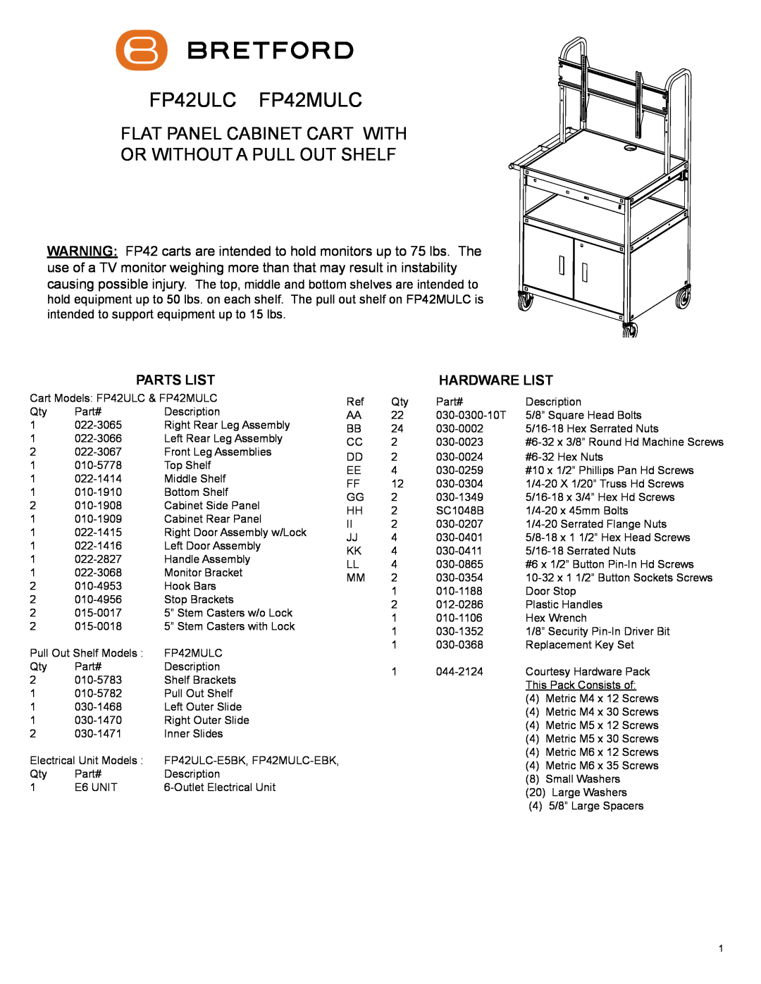 Bretford manual Parts List, Hardware List, FP42ULC FP42MULC, Flat Panel Cabinet Cart With Or Without A Pull Out Shelf 