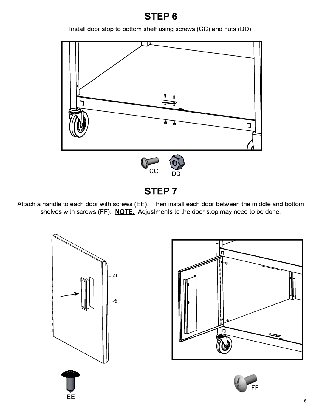 Bretford FP42ULC manual Install door stop to bottom shelf using screws CC and nuts DD, Step 