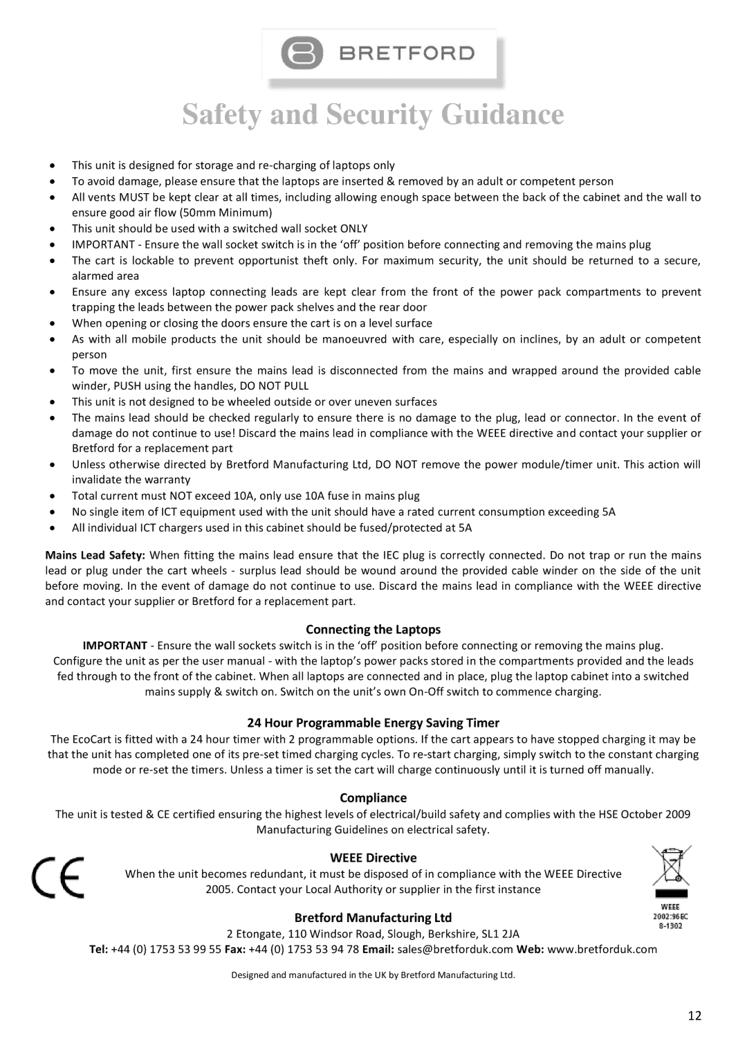 Bretford L16V Safety and Security Guidance, Connecting the Laptops, Hour Programmable Energy Saving Timer, Compliance 