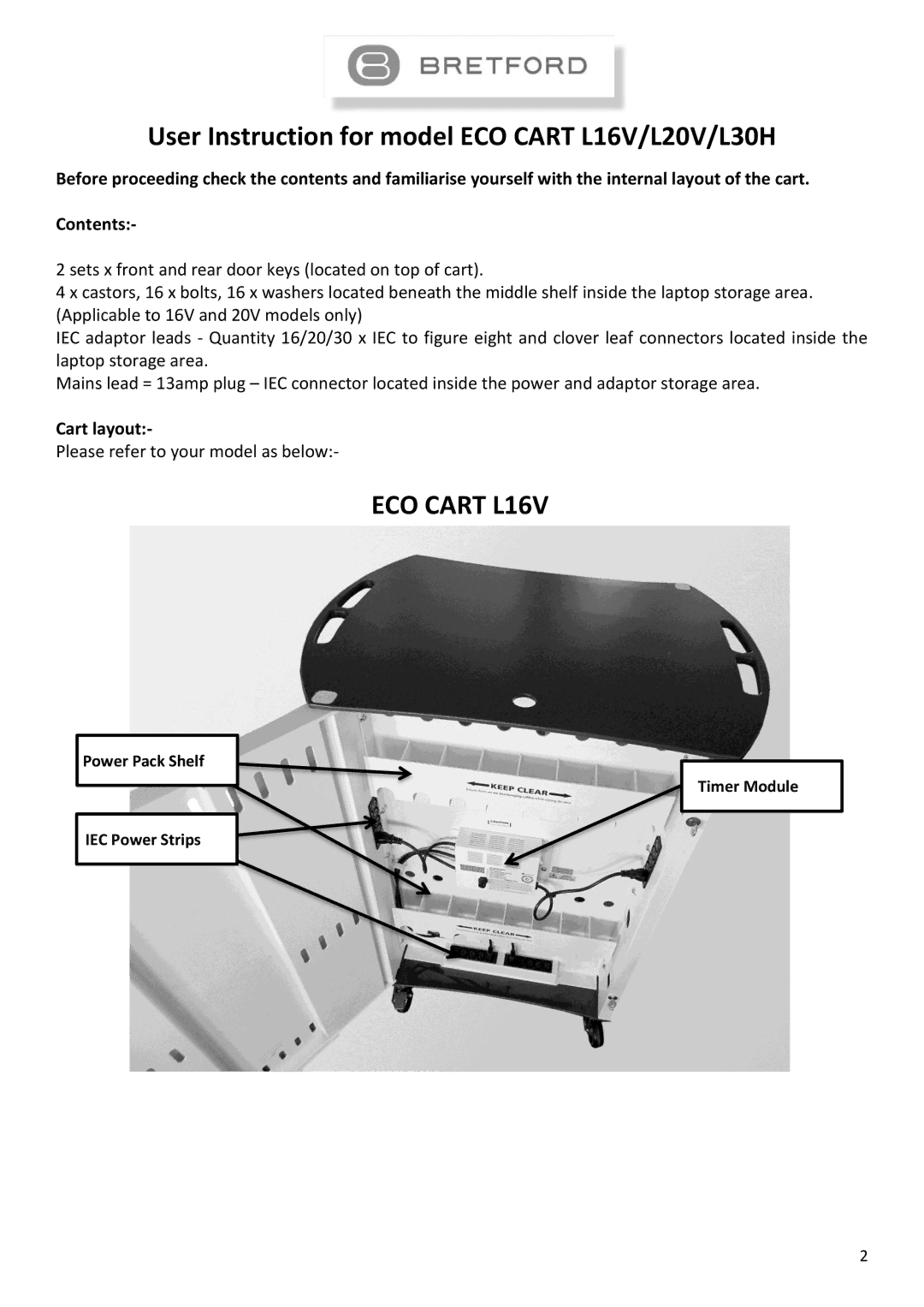 Bretford User Instruction for model ECO Cart L16V/L20V/L30H, Power Pack Shelf IEC Power Strips Timer Module 