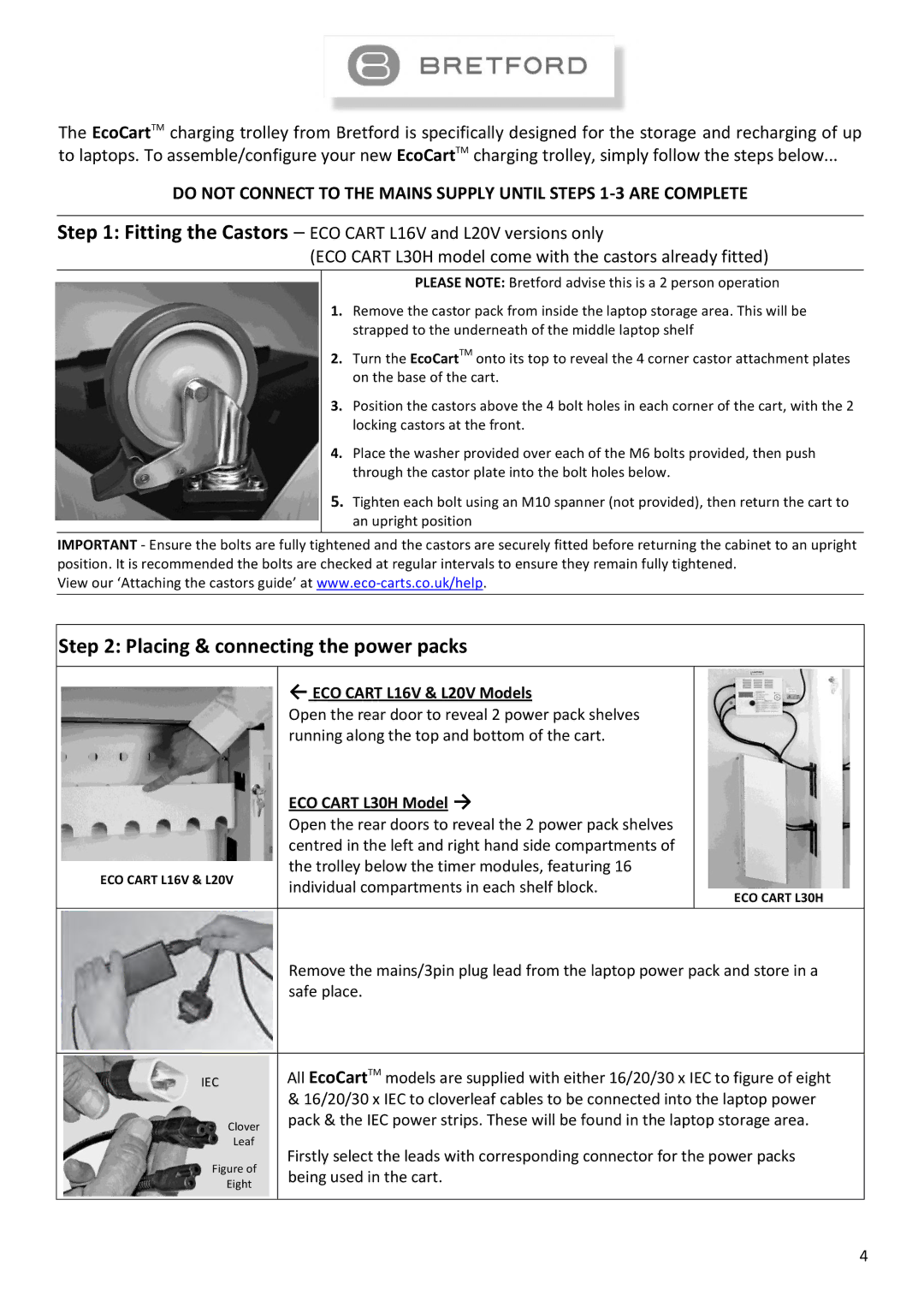 Bretford instruction manual Placing & connecting the power packs, ← ECO Cart L16V & L20V Models, ECO Cart L30H Model → 