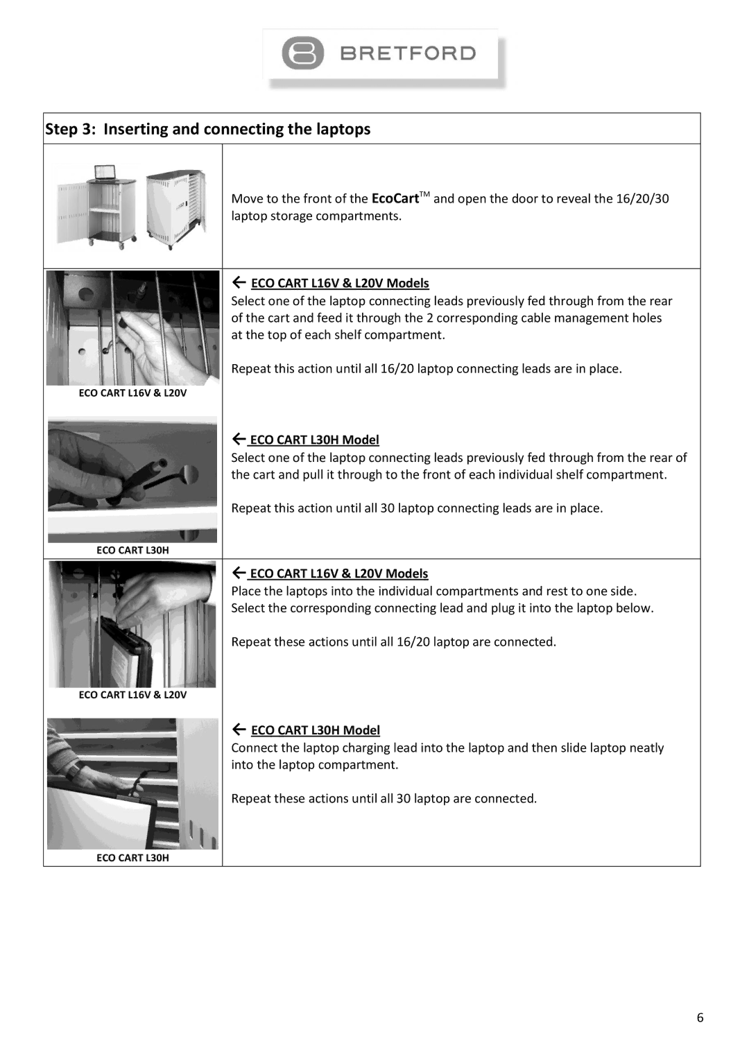 Bretford L16V instruction manual Inserting and connecting the laptops 