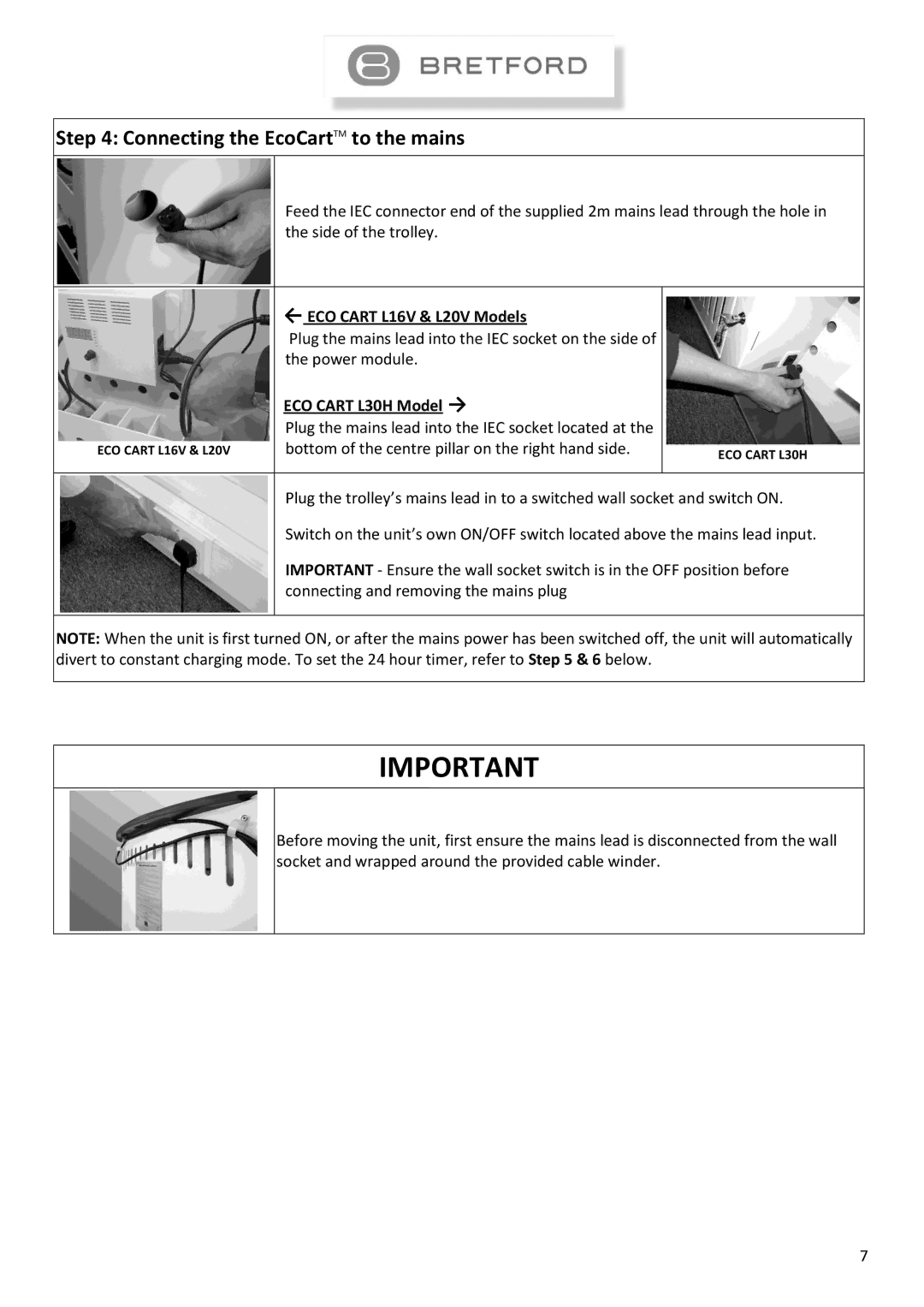 Bretford L16V instruction manual Connecting the EcoCartTM to the mains, ECO Cart L30H Model → 