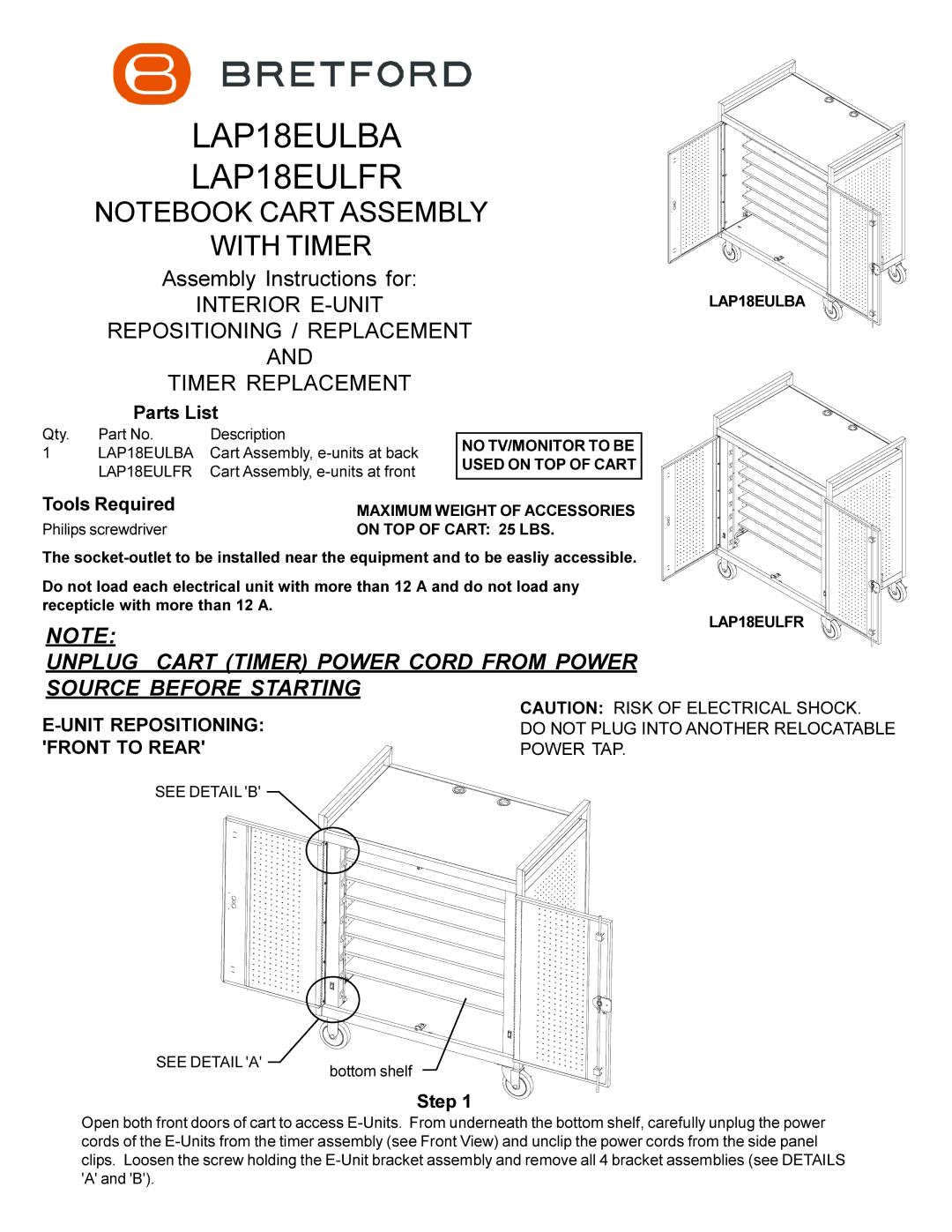 Bretford lap18eulba manual Unit Repositioning, Front to Rear 