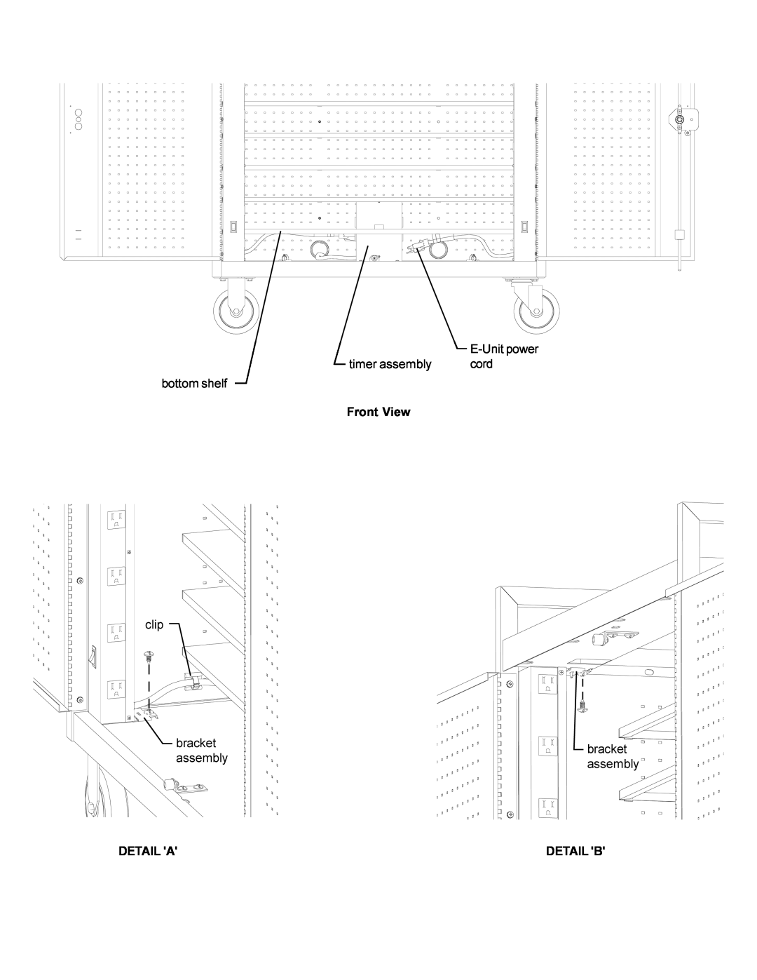Bretford lap18eulba manual E-Unitpower, timer assembly, cord, bottom shelf, Front View, clip, bracket, Detail A, Detail B 