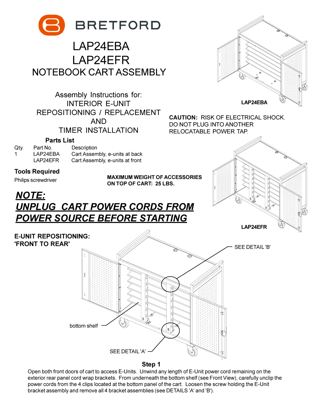Bretford manual LAP24EBA LAP24EFR, Unit Repositioning Front to Rear 