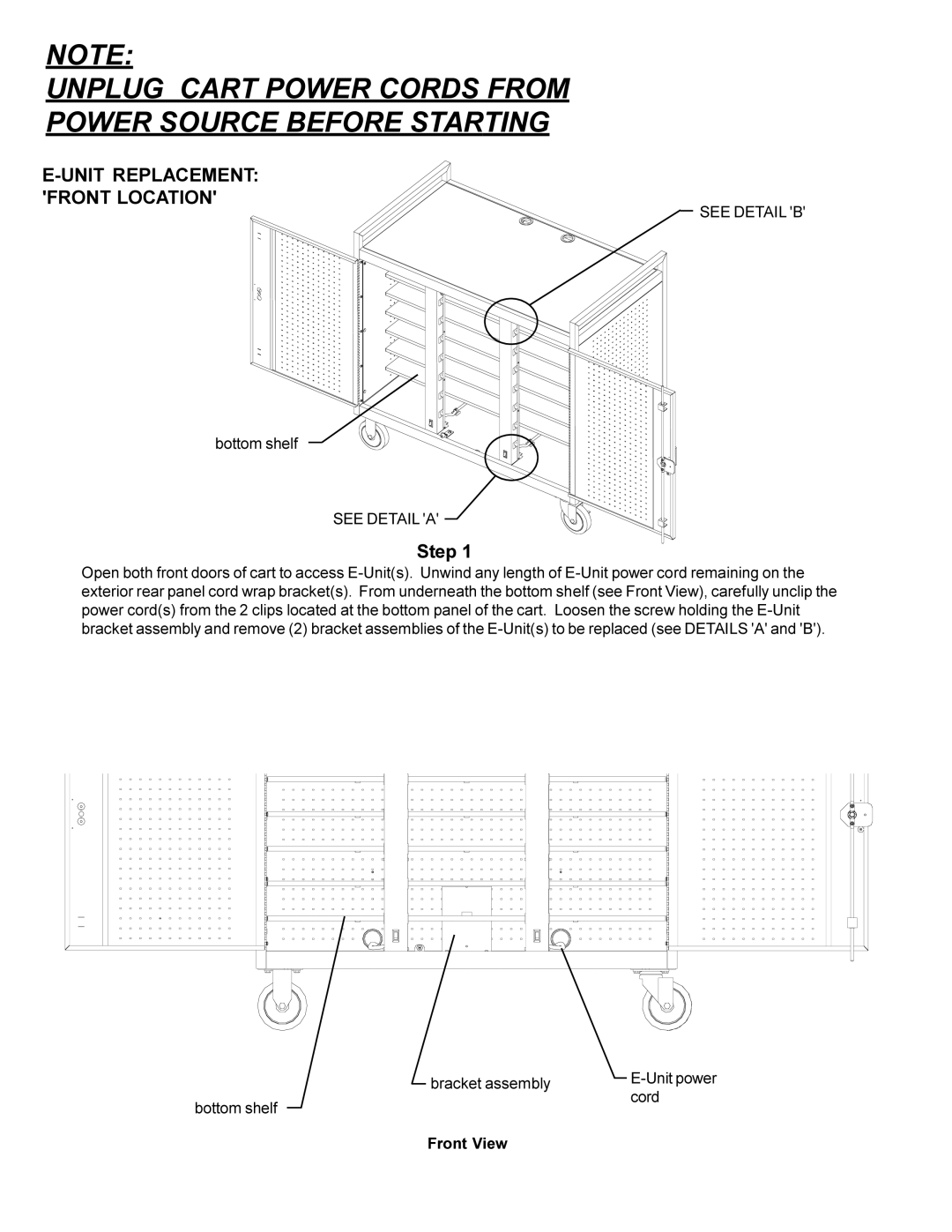 Bretford LAP24EBA manual Unit Replacement Front Location 