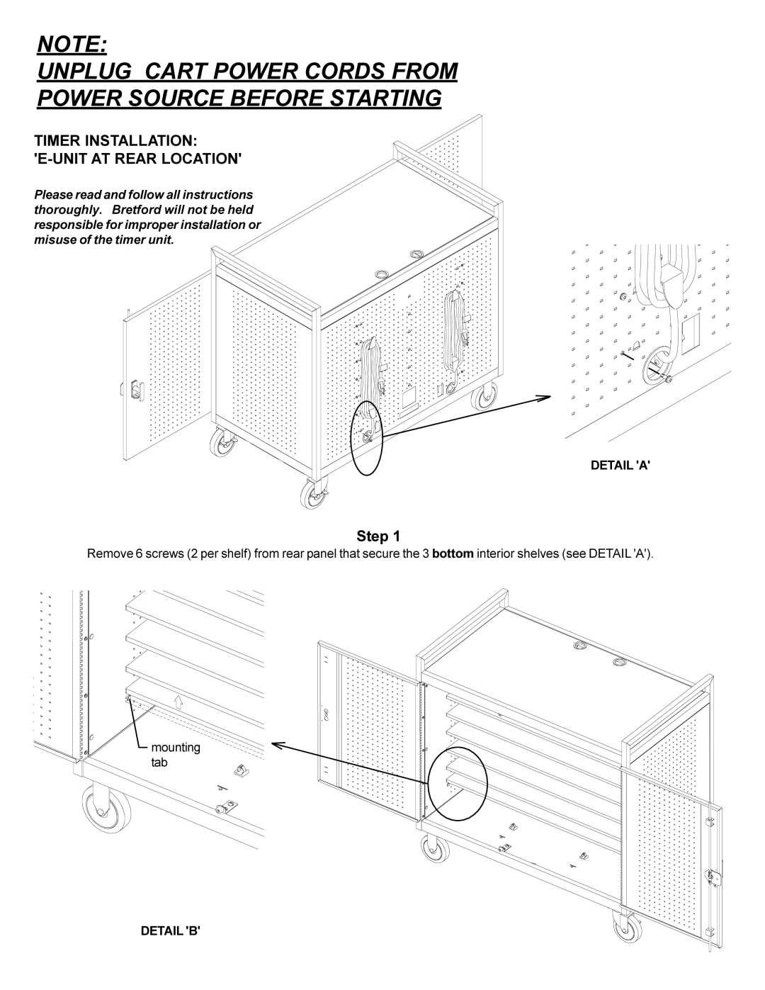 Bretford LAP24EBA manual Timer Installation E-UNIT AT Rear Location 
