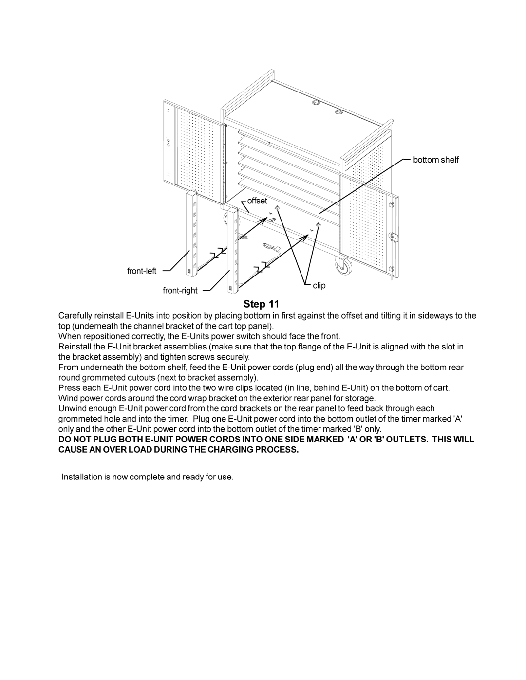 Bretford LAP24EBA manual Bottom shelf Offset Front-left Front-right Clip 