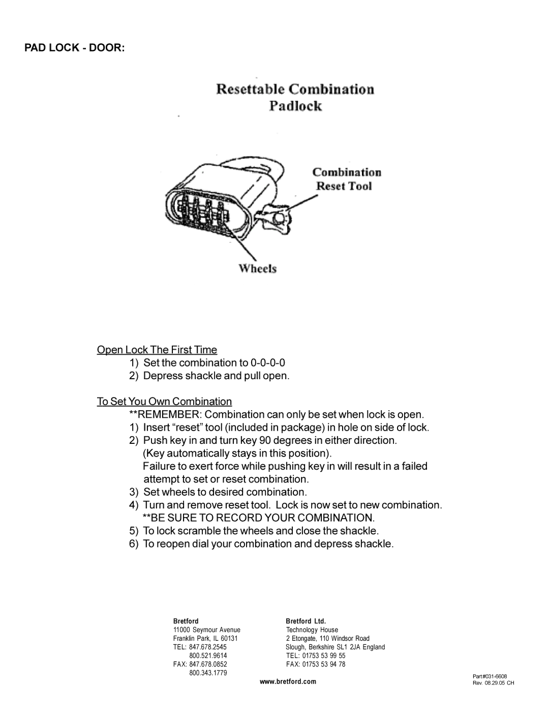 Bretford LAP24EBA manual PAD Lock Door, Be Sure to Record Your Combination 