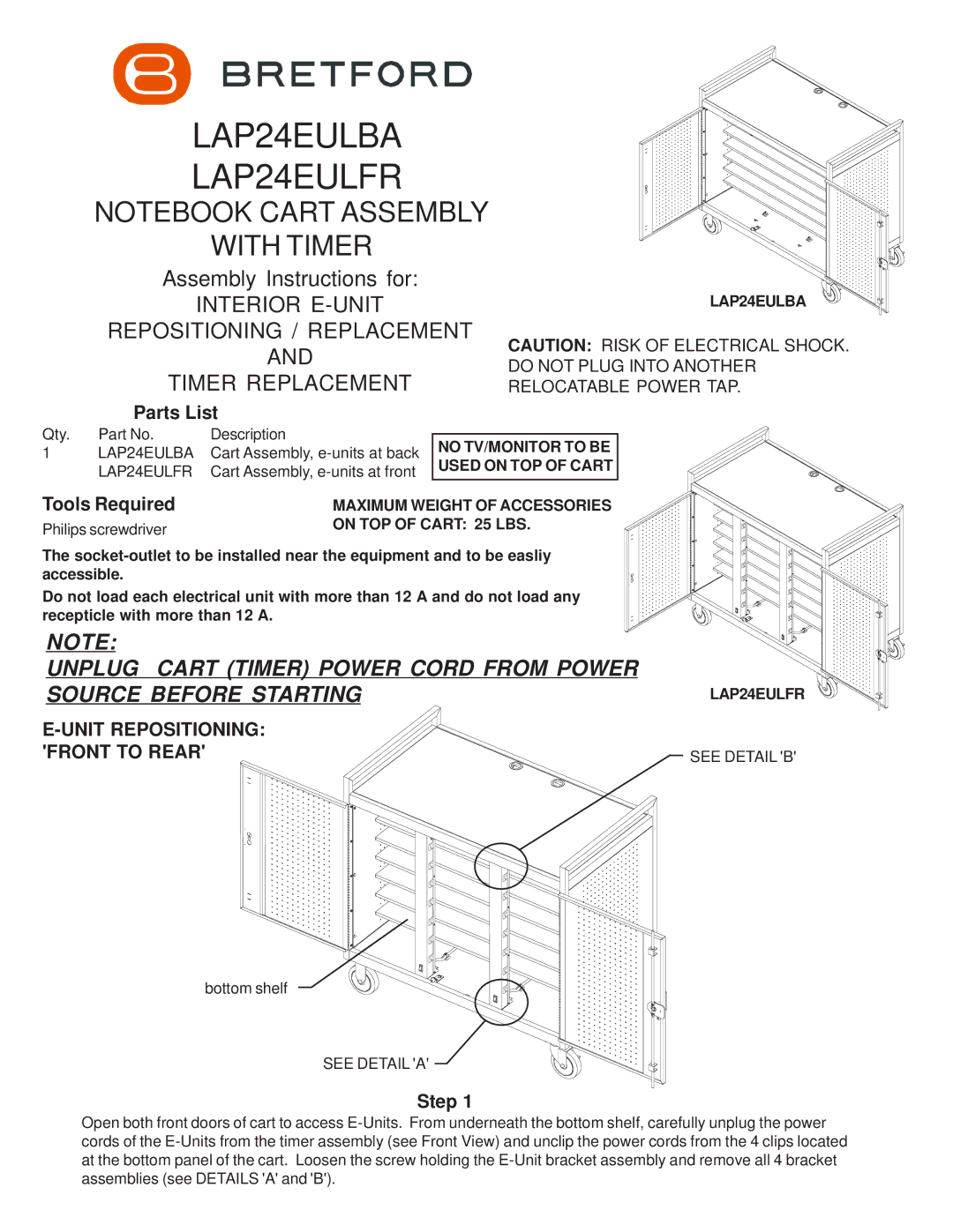Bretford manual LAP24EULBA LAP24EULFR, Unit Repositioning Front to Rear 