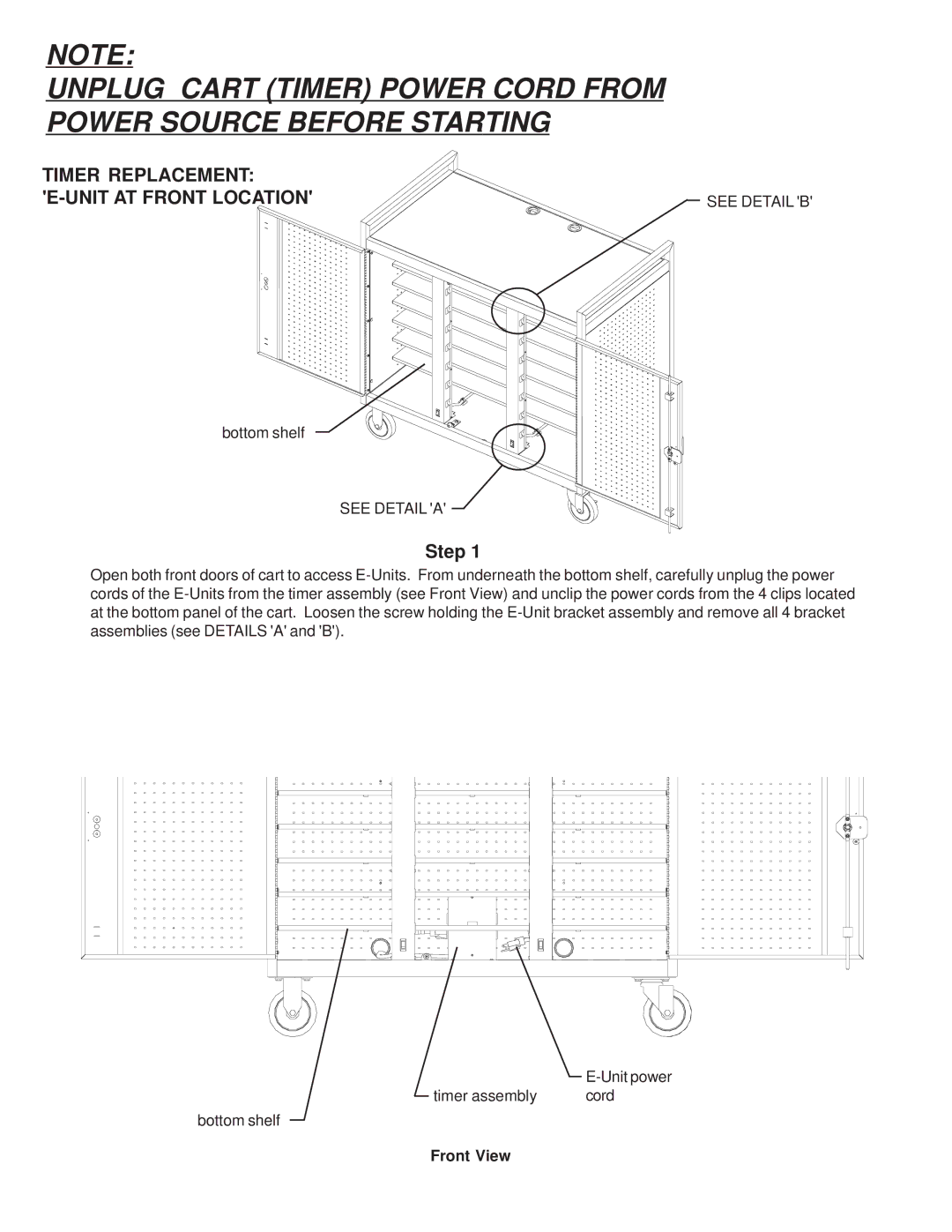 Bretford LAP24EULBA manual Timer Replacement E-UNIT AT Front Location 