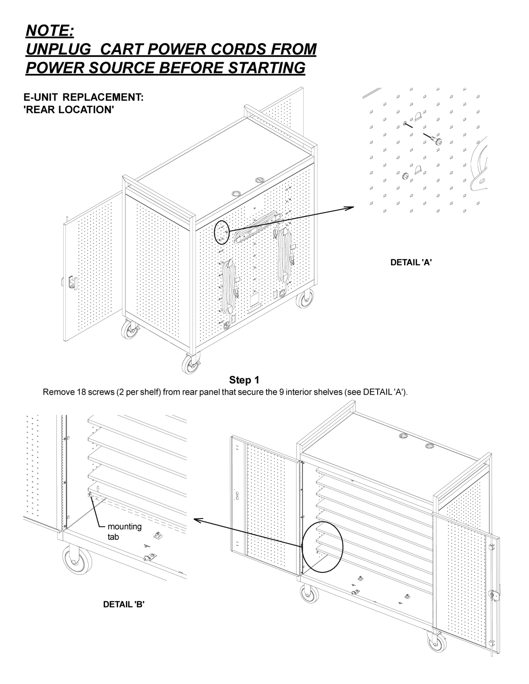 Bretford LAP30EBA manual Unit Replacement Rear Location 